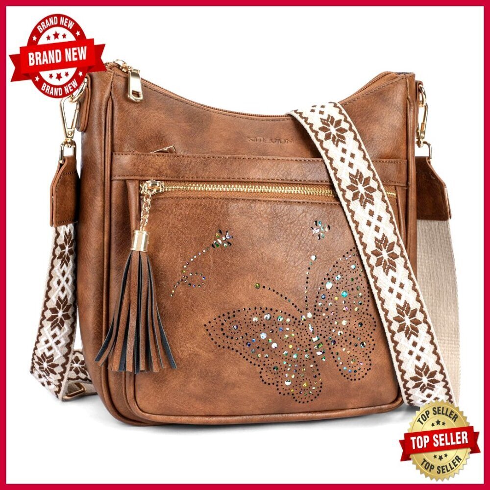 Medium Vegan Leather Crossbody Bag with Tassel, Adjustable Strap, Multi-Pocket